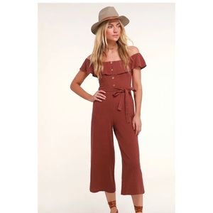 Lulu’s June Bloom Burgundy Off-the-Shoulder Culotte Jumpsuit. Never Worn!